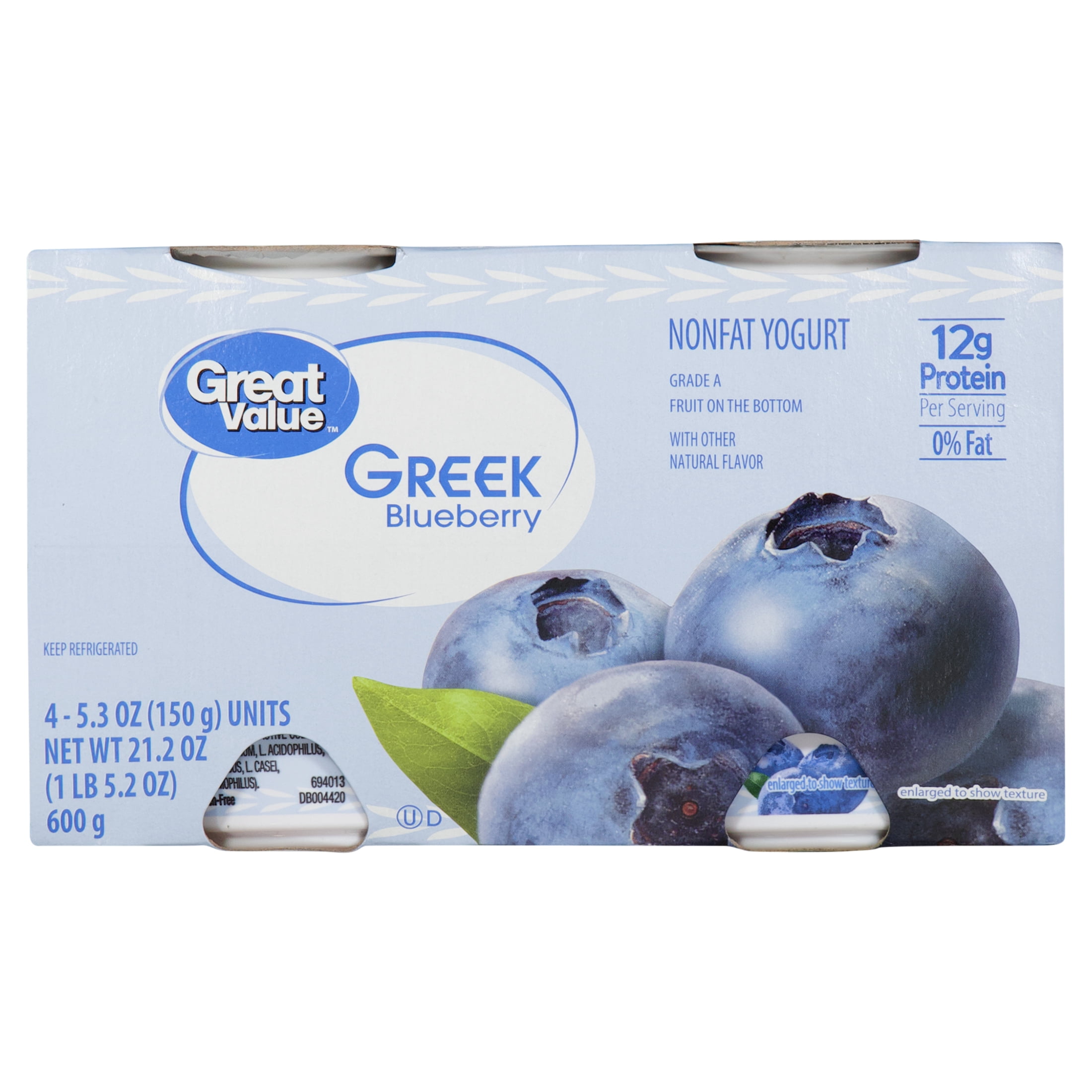 Great Value Blueberry Nonfat Greek Yogurt, 5.3 oz Cups, 4 Pack
