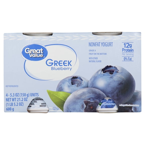 Great Value Blueberry Nonfat Greek Yogurt, 5.3 oz Cups, 4 Pack