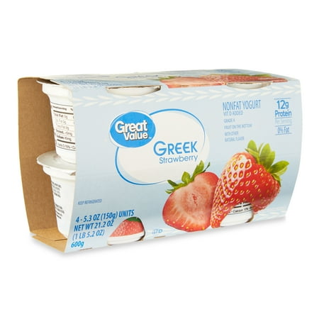 Great Value Strawberry Nonfat Greek Yogurt, 5.3 oz Cups, 4 Pack