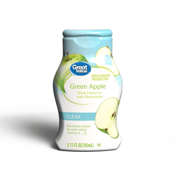 Great Value Green Apple Drink Enhancer with Electrolytes, 3.11 fl oz Liquid