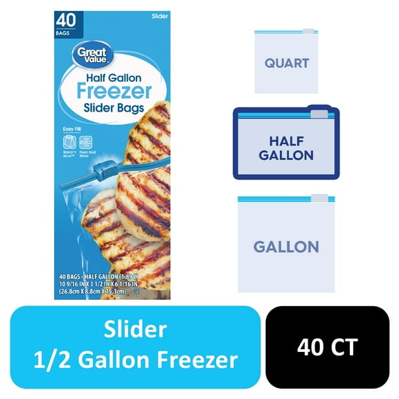 Great Value Half Gallon Freezer Slider Bags, 40 Count