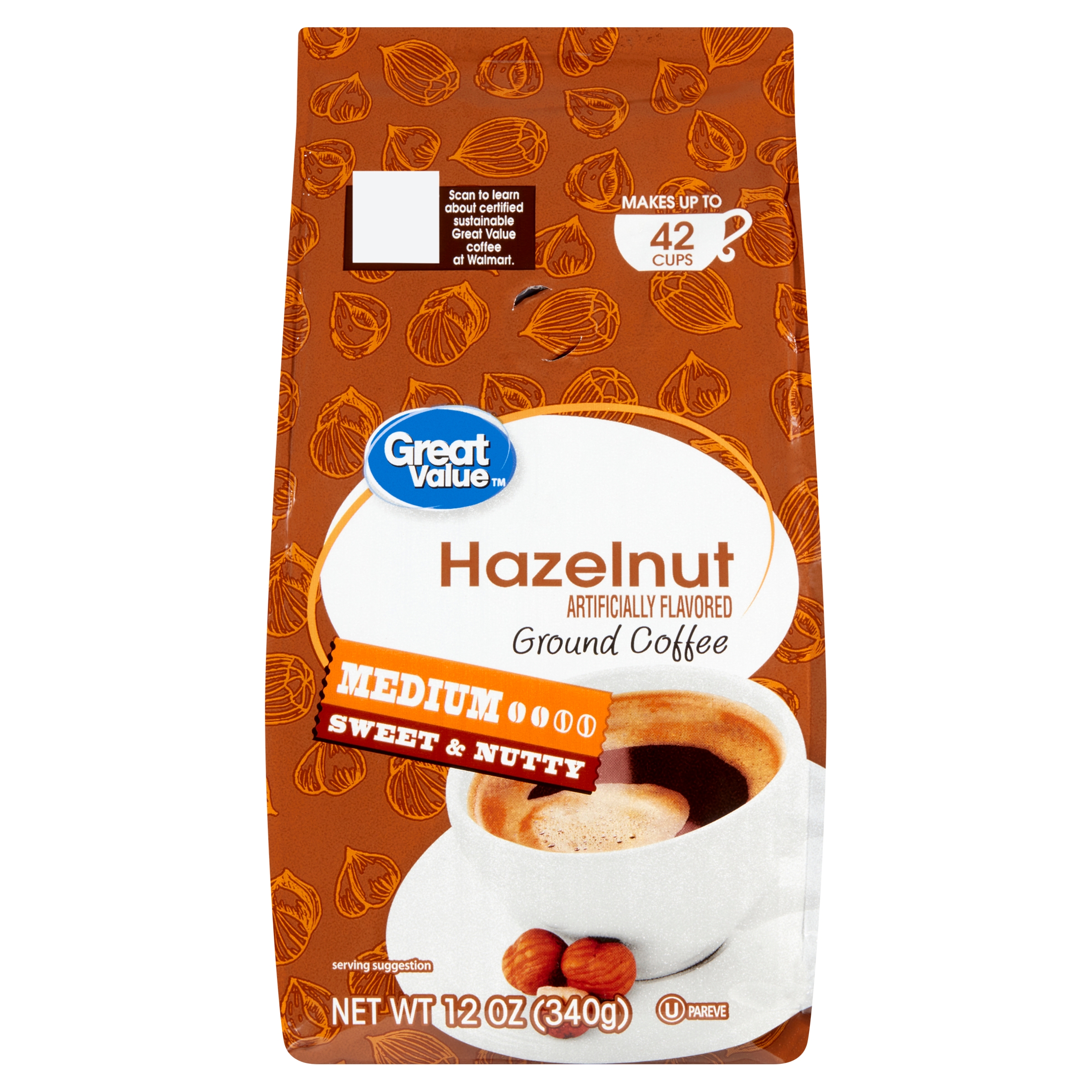 Great Value Hazelnut Medium Roast Ground Coffee, 12 oz, Bag - image 1 of 8