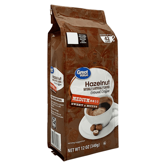 Great Value Hazelnut Medium Roast Ground Coffee, 12 oz, Bag