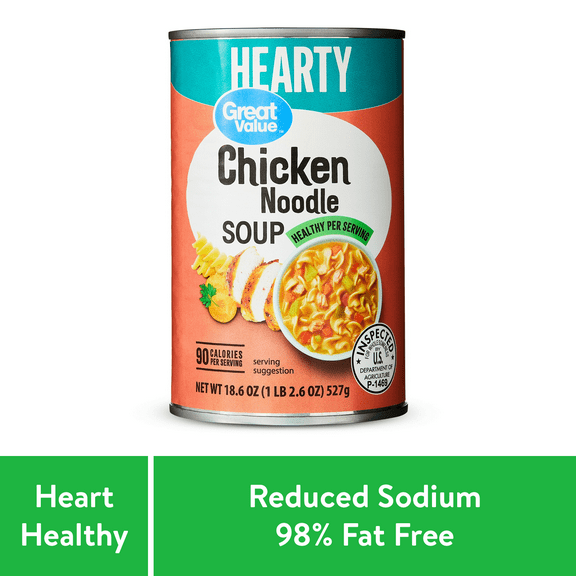 Great Value Heart Healthy 98% Fat Free and 46% Reduced Sodium Chicken Noodle Soup, 18.6 oz Can