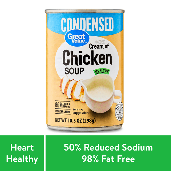 Great Value Heart Healthy 98% Fat Free and 50% Less Sodium Cream of Chicken Condensed Soup, 10.5 oz