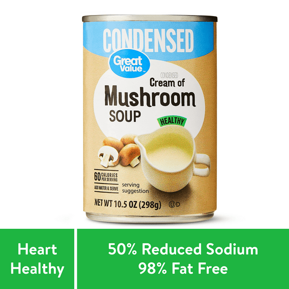 Great Value Heart Healthy 98% Fat Free and 50% Less Sodium Cream of Mushroom Condensed Soup, 10.5 oz