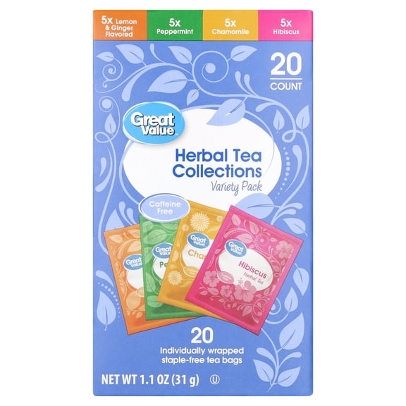 Great Value Herbal Tea Collection, 1.1 oz Tea Bags, 20 Count
