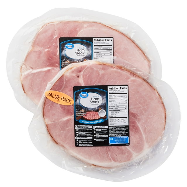 Great Value Hickory Smoked Ham Steak 2 Pack, Fully Cooked, Pork BoneIn