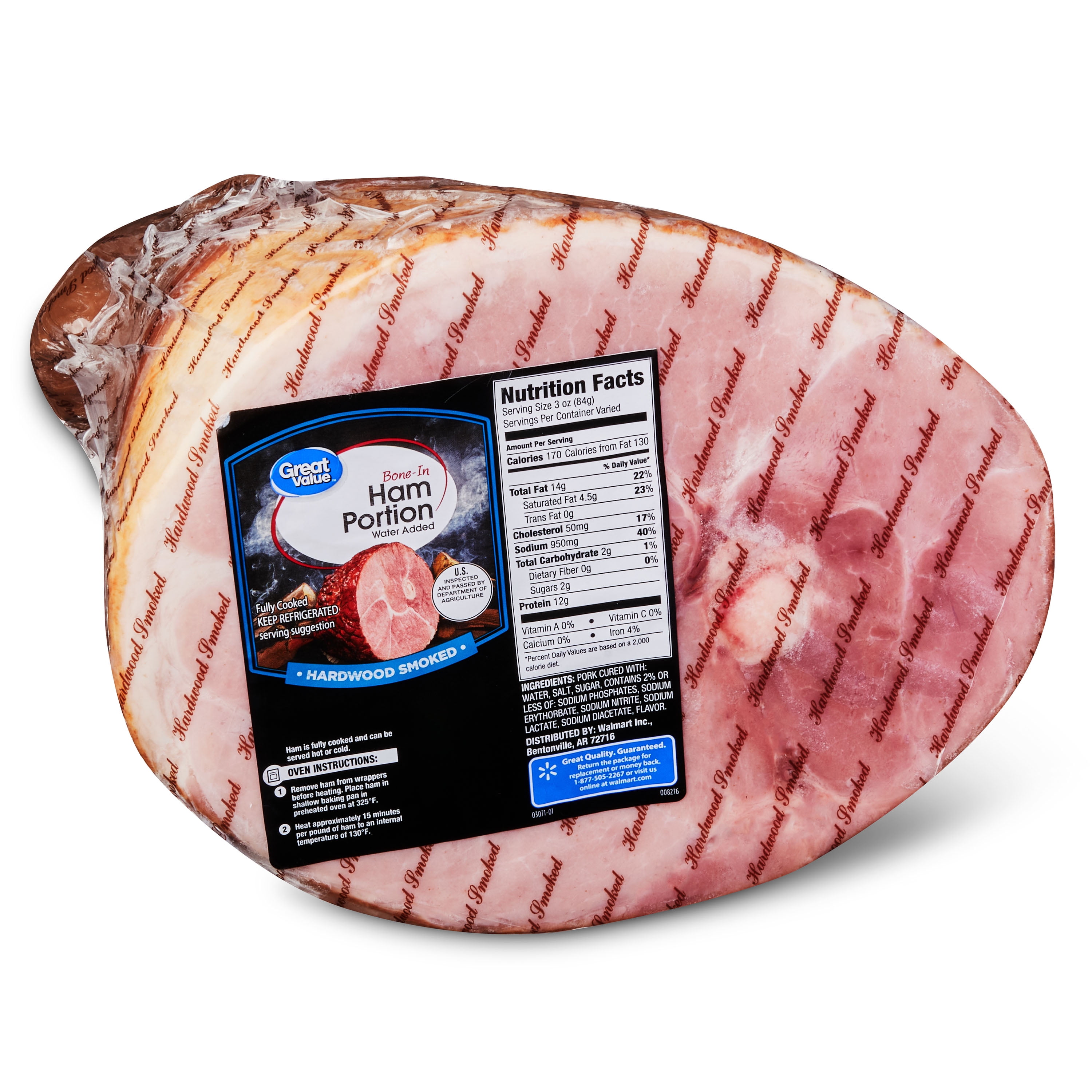 Great Value Hickory Smoked Portion Ham, Fully Cooked, Pork BoneIn, 7.0