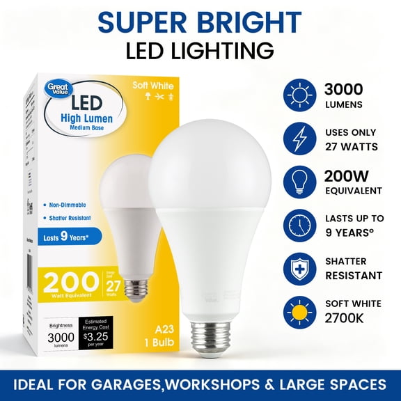 Great Value A23 LED Light Bulb, 27W, 200W Equivalent, Soft White, E26 Medium Base