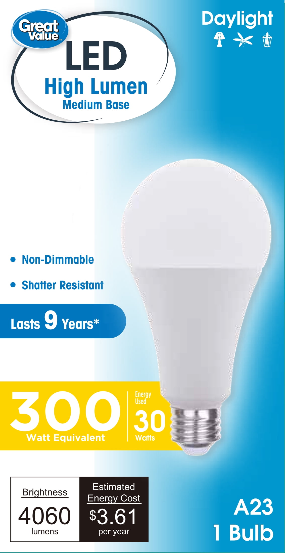 Great Value High Output A23 LED Light Bulb, 30-Watt (300W Equivalent), Daylight, E26 Medium Base
