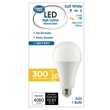 Great Value High Output A23 LED Light Bulb, 30-Watt (300W Equivalent), Soft White, E26 Medium Base