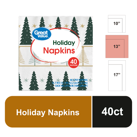 Great Value Holiday Christmas Tree Disposable Paper Napkins, Multicolor, 12.7" x 12.7", 40 Count