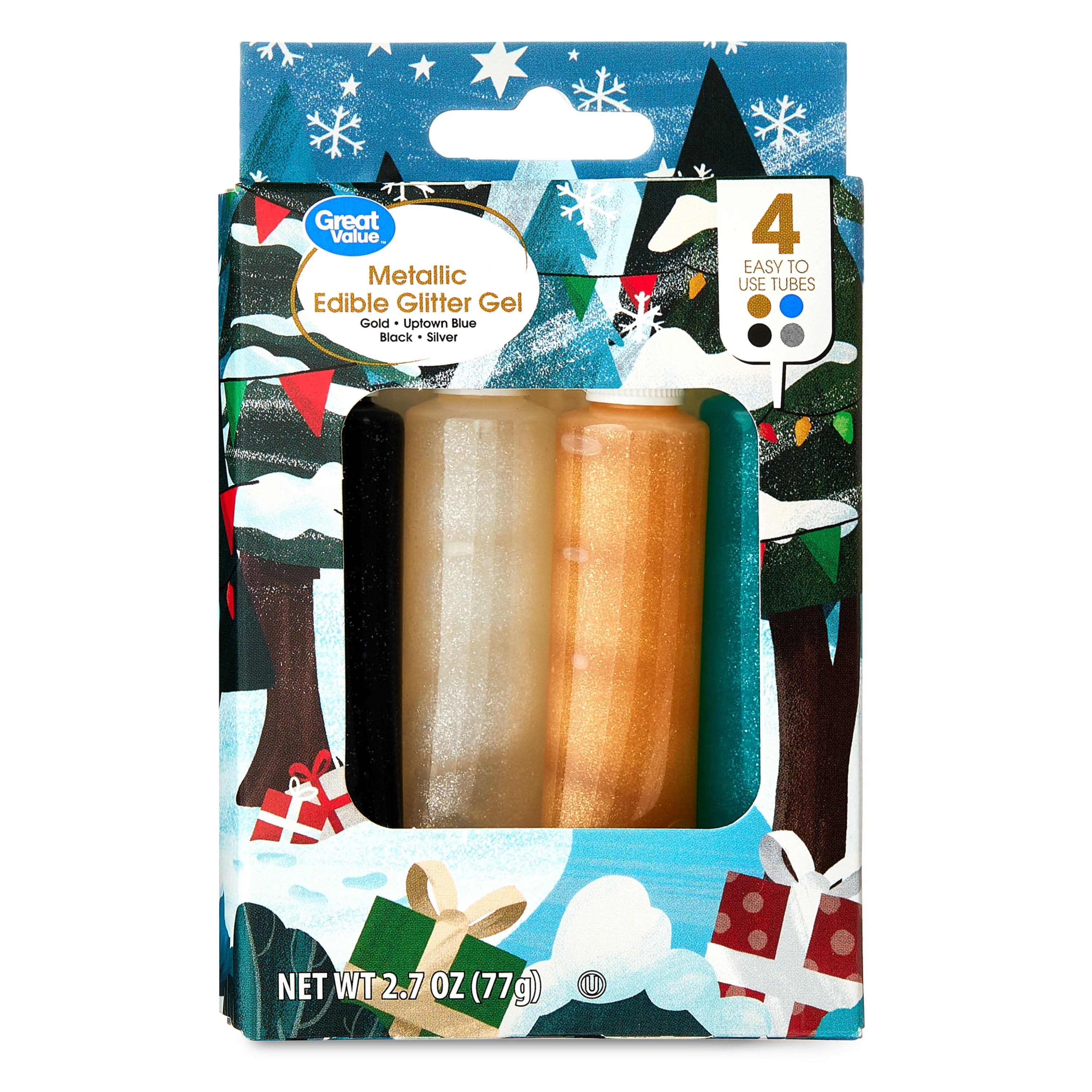 Great Value Holiday Metallic Edible Glitter Gel, 2.7 oz, 4 Count