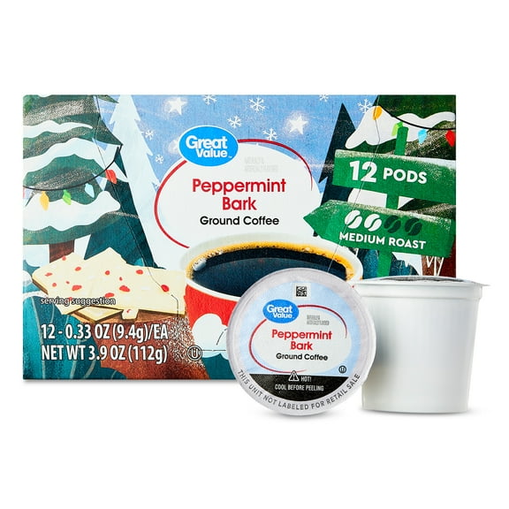 Great Value Holiday Peppermint Bark Medium Roast Ground Coffee Pods, 12 Count