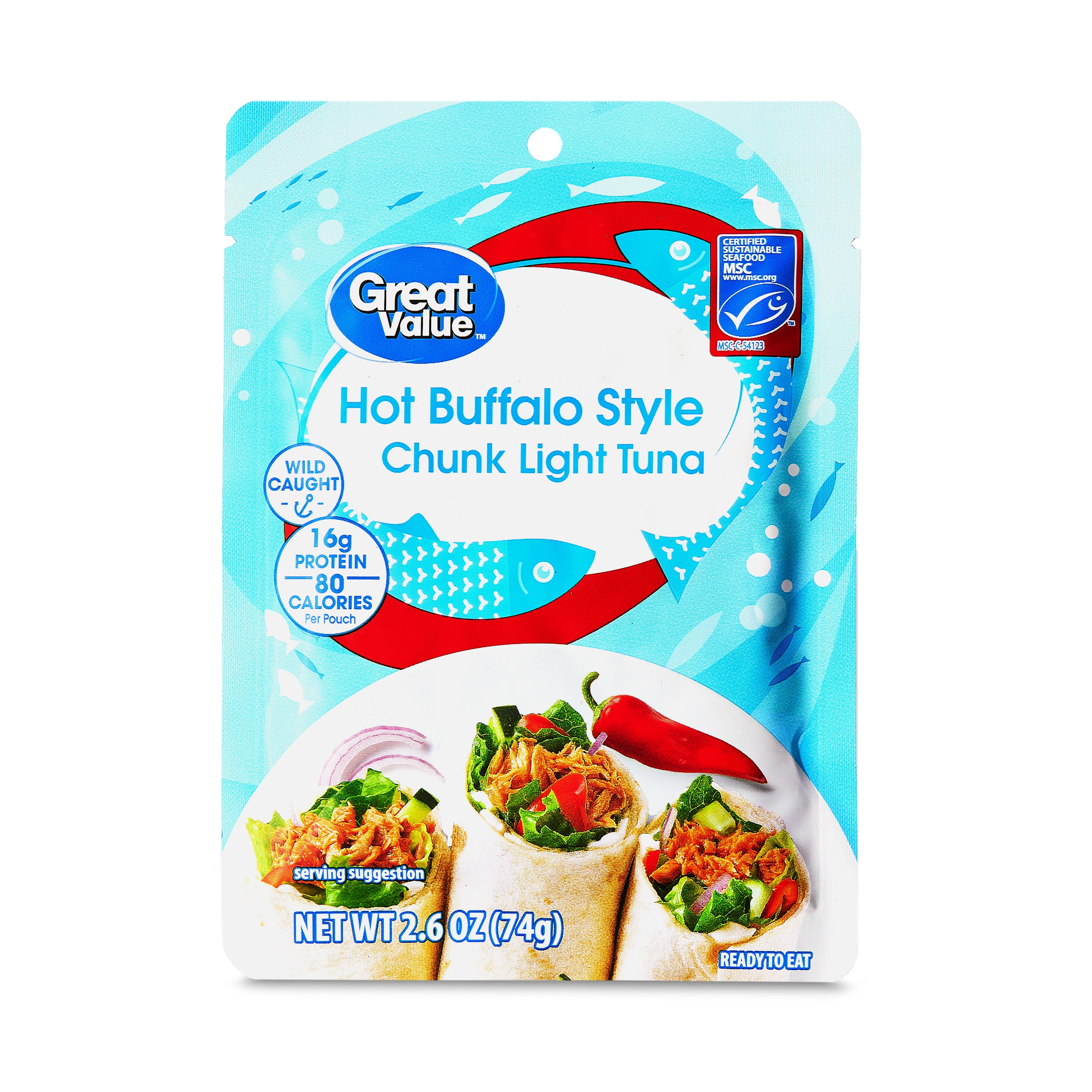Great Value Chunk Light Tuna, Hot Buffalo Style with Cayenne Pepper Hot Sauce, 2.6 oz