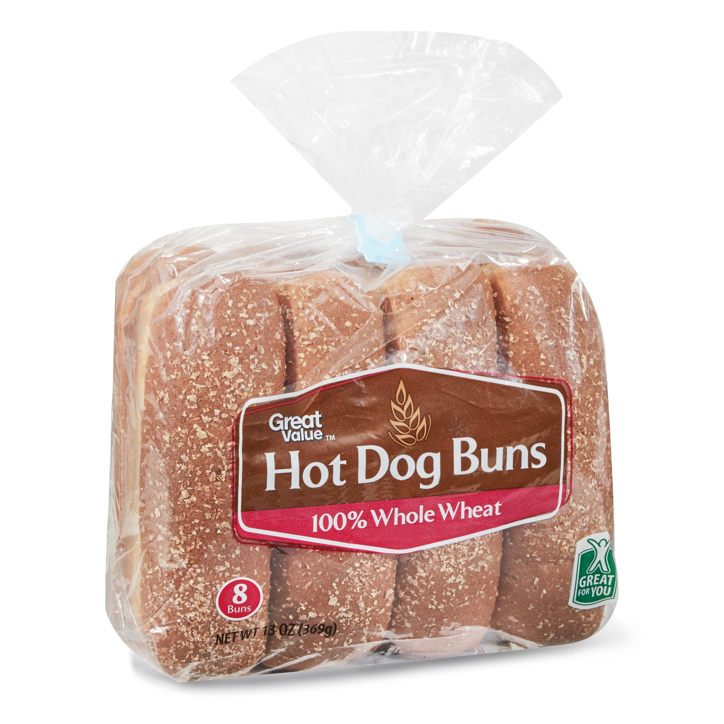 Great Value Hot Dog Buns, 100 Whole Wheat, 13 oz, 8 Count