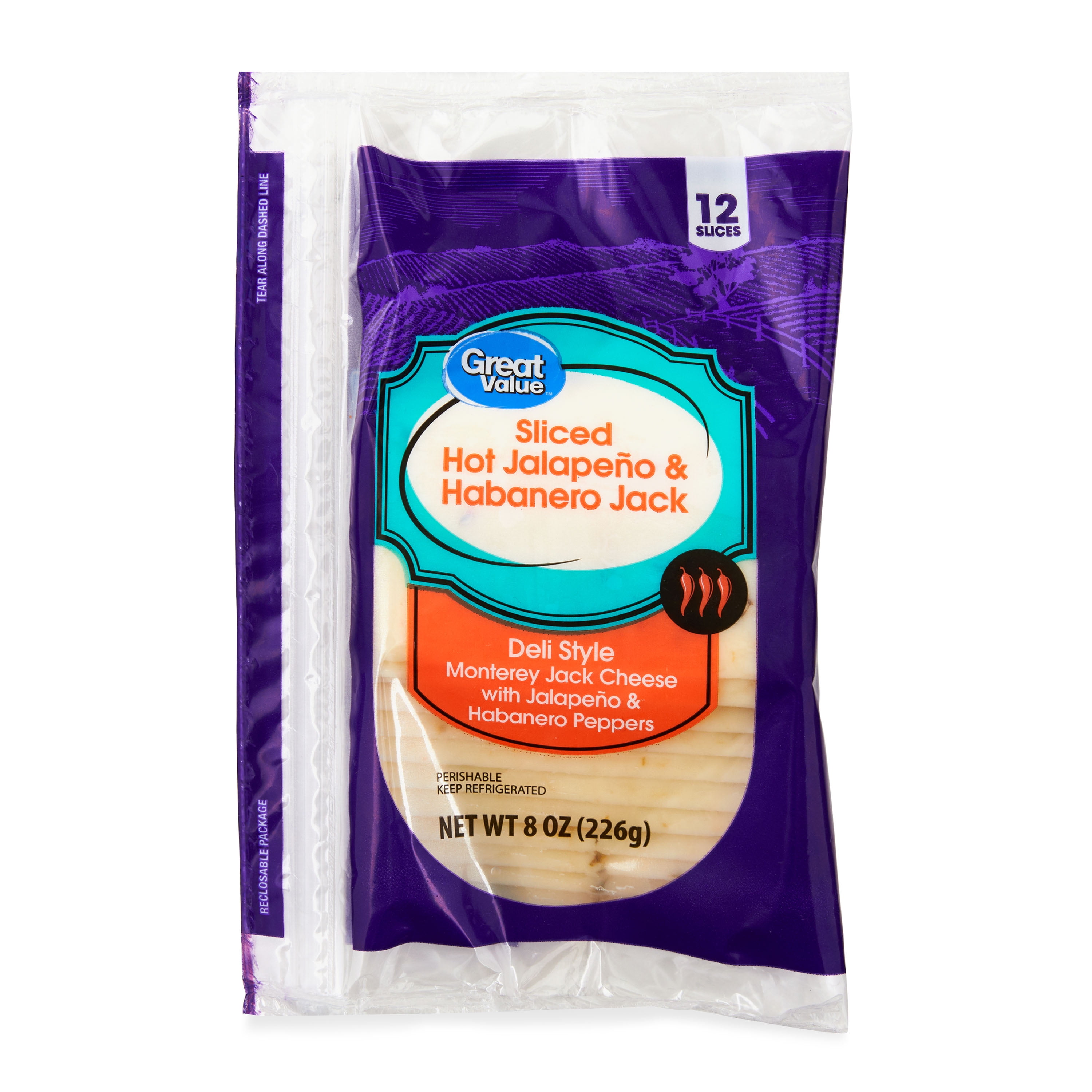 Great Value Hot Jalapeno Habanero Jack Deli Style Sliced Cheese 8 oz ...