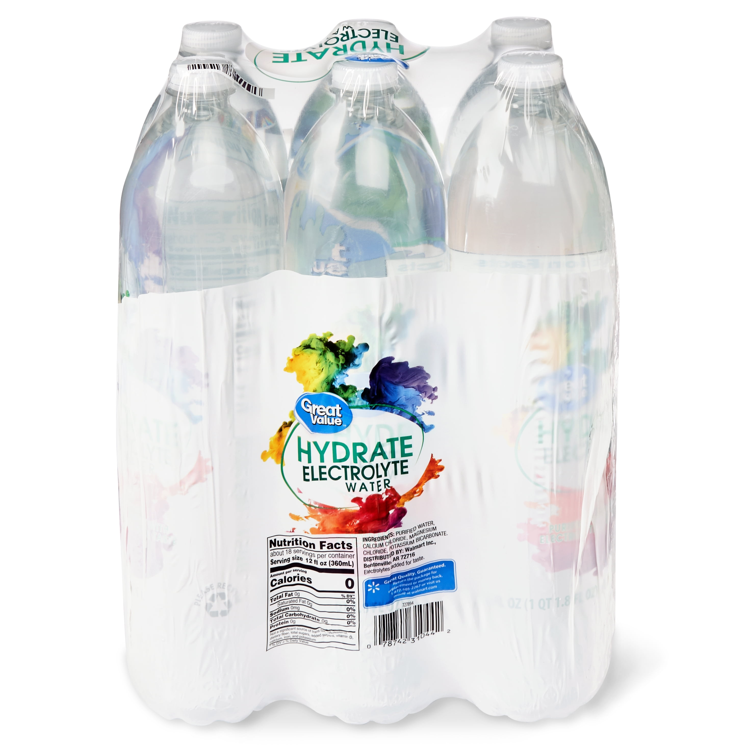 Great Value Hydrate Electrolyte Water, 33.8 fl oz, 6 Count