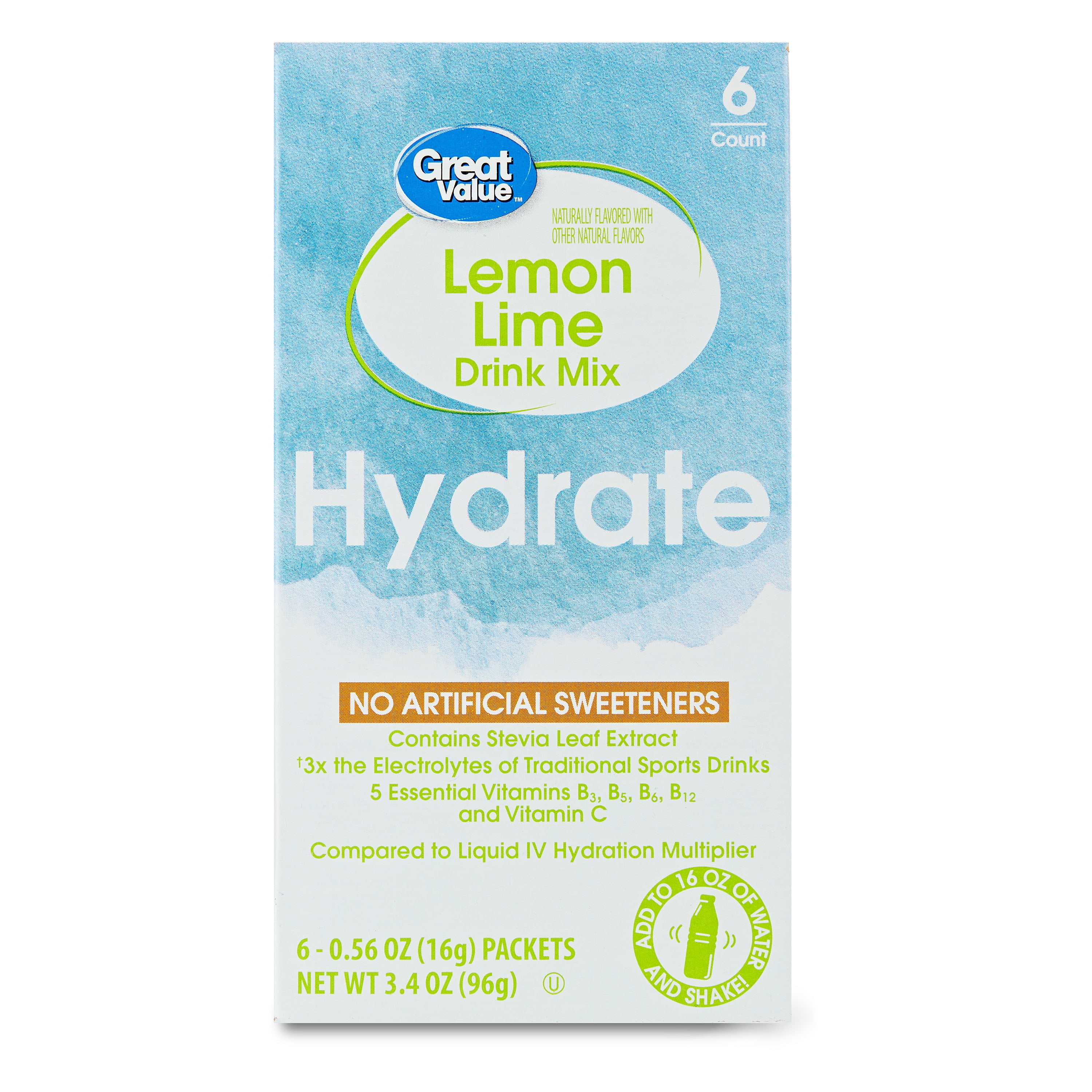Great Value Hydration Powder Packet Drink Mix, Lemon Lime, 0.56 Oz, 6