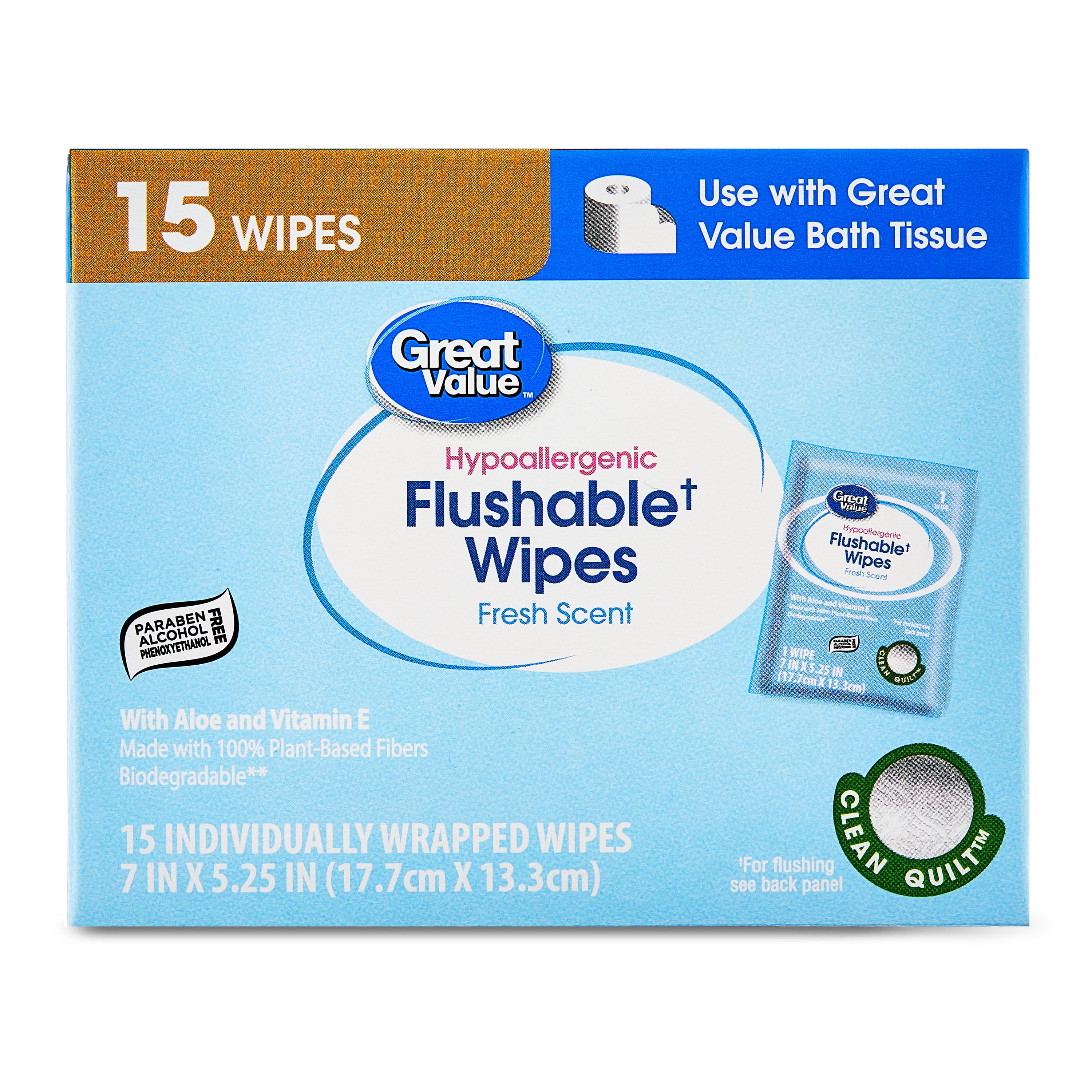 Great Value Hypoallergenic Flushable Wipes Fresh Scent 15 Wipes