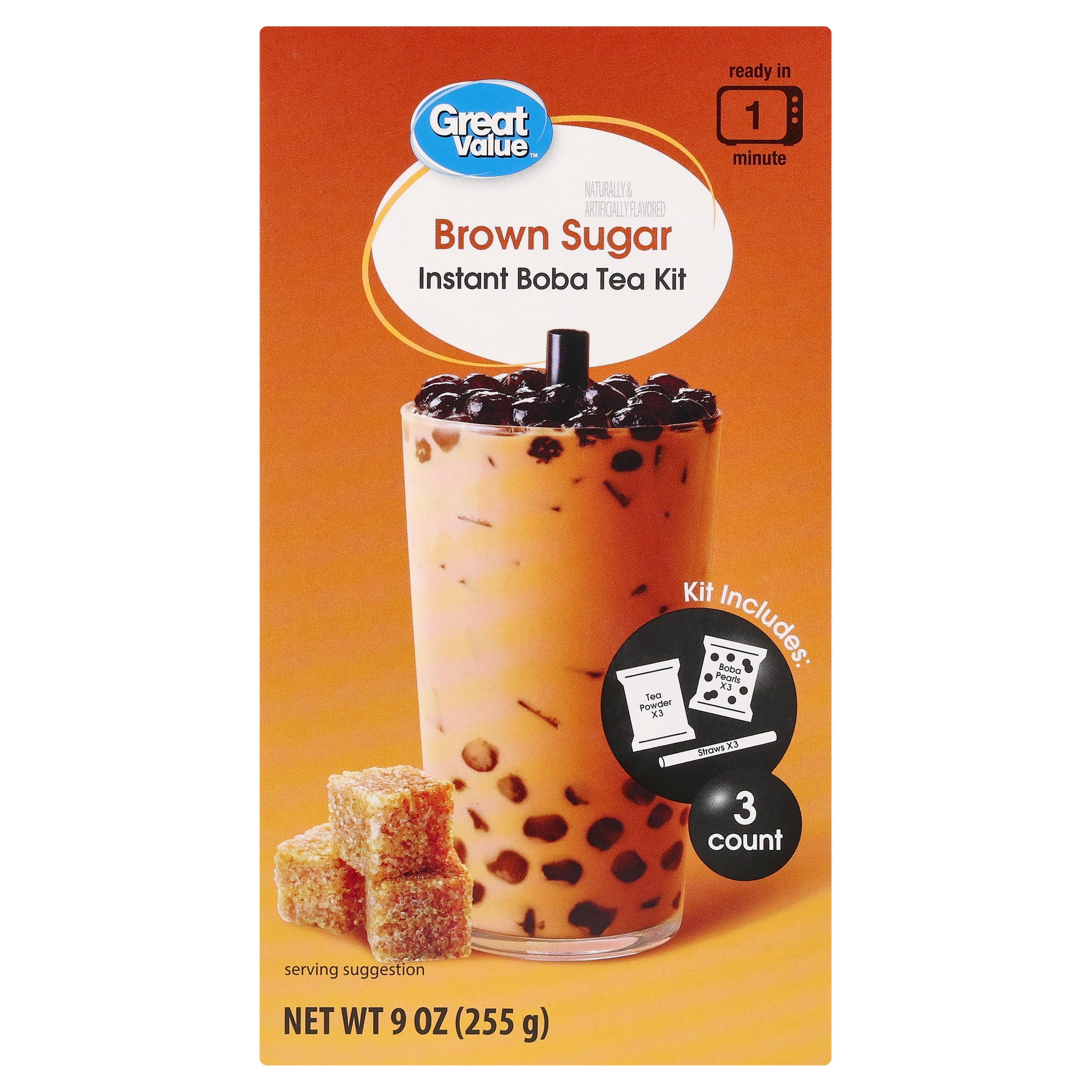 Great Value Instant Boba Tea Kits, Brown Sugar, 3 Count