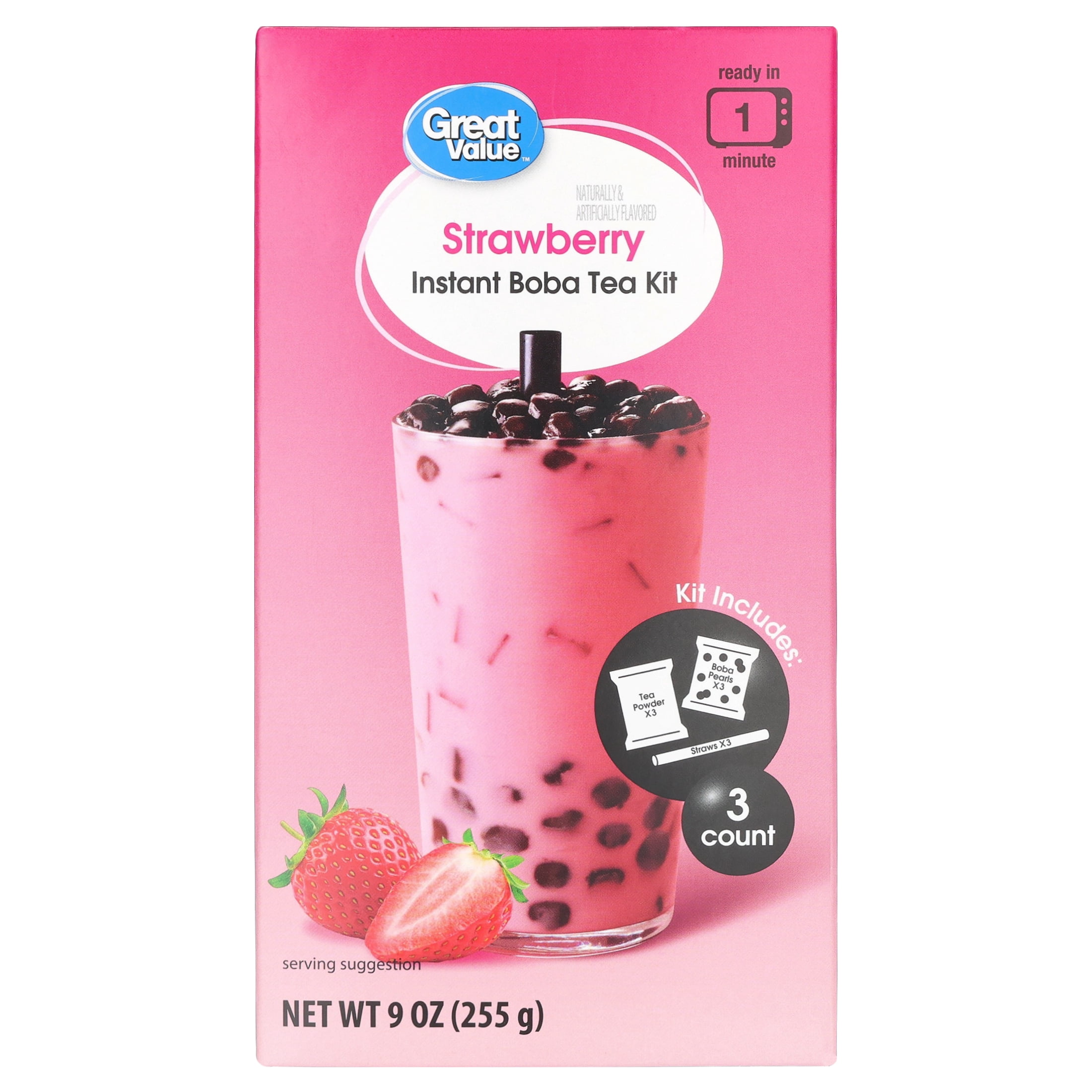 Great Value Instant Boba Tea Kit, Strawberry, 3 Count