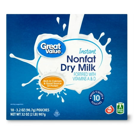Great Value Instant Nonfat Dry Milk, 3.2 oz Pouches (10 Count), Makes 10 Quarts Total, 40 Servings per Container