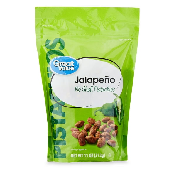 Great Value Jalapeno, No Shell Pistachios, 11 oz Resealable Bag