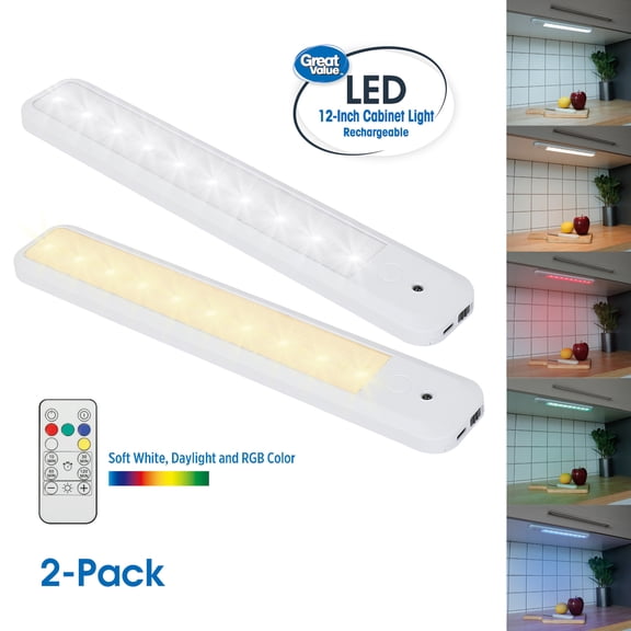 Open Box Great Value LED 100 Lumens 12-inch Rechargeable Color-Changing Under Cabinet Light, 2-Pack