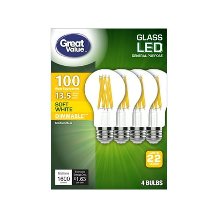 Great Value LED 13.5-Watt (100W Equivalent) Soft White Clear General Purpose Light Bulbs, Medium Base, 22-Year Life, 4pk