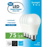 Great Value LED, 13.5Watts (75W Equivalent) 18Y, A19 General Purpose E26 Medium Base, Non-Dimmable, Daylight, 4-Pack