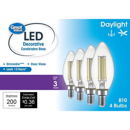 Great Value LED, 2.5Watts (25W Equivalent) B10 Deco Lamp E12 Candelabra Base, Dimmable, Daylight, 4-Pack