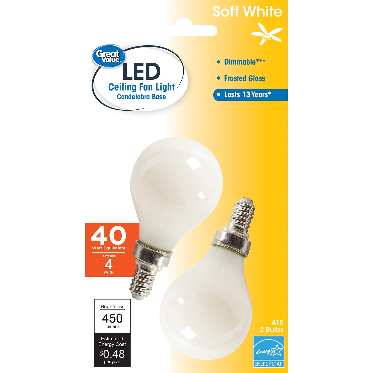 Great Value LED, 4W (40W Eqv) A15 Frosted Lamp E12 Candelabra Base, Dimmable, Soft White, 2pk
