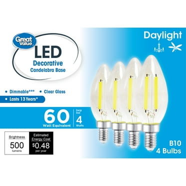 Great Value LED, 4W (60W Eqv) B10 Deco Lamp E12 Candelabra Base, Dimmable, Daylight, 4pk