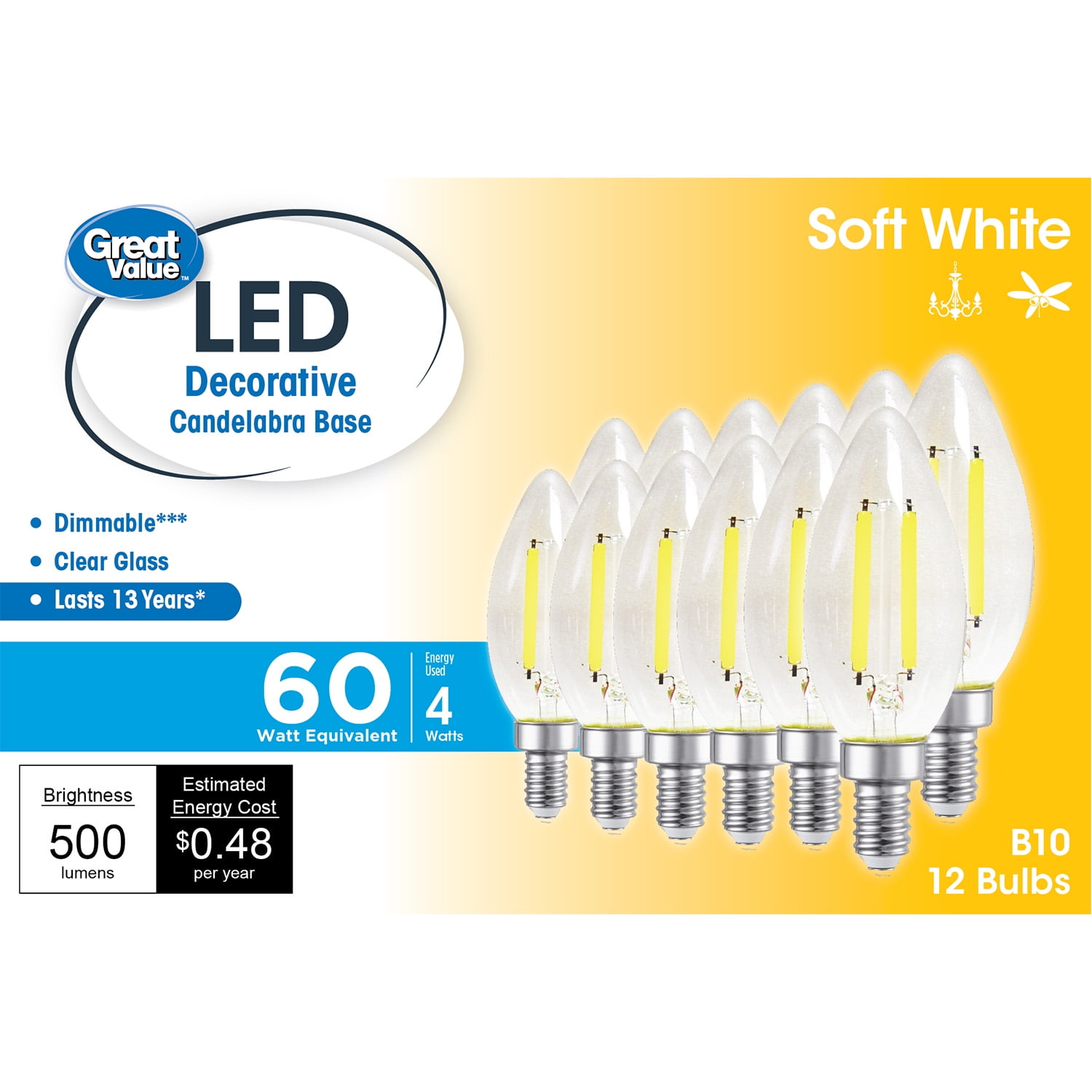 Great Value LED, 4W (60W Eqv) B10 Deco Lamp E12 Candelabra Base, Dimmable, Soft White, 12pk