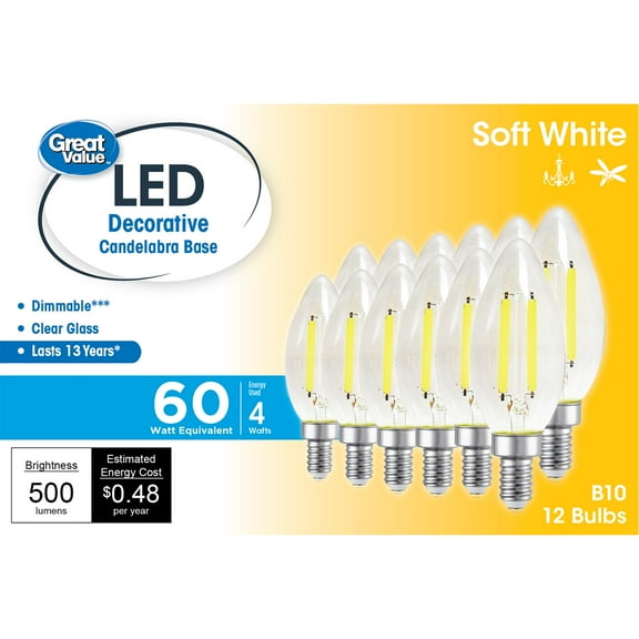 Great Value LED, 4W (60W Eqv) B10 Deco Lamp E12 Candelabra Base, Dimmable, Soft White, 12pk