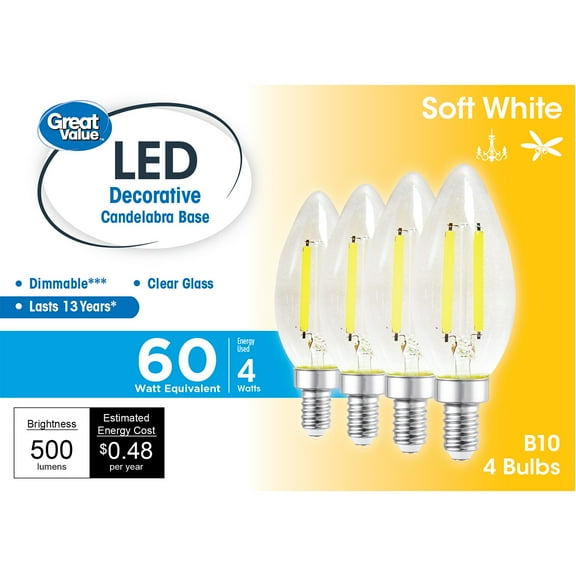 Great Value LED, 4W (60W Eqv) B10 Deco Lamp E12 Candelabra Base, Dimmable, Soft White, 4pk
