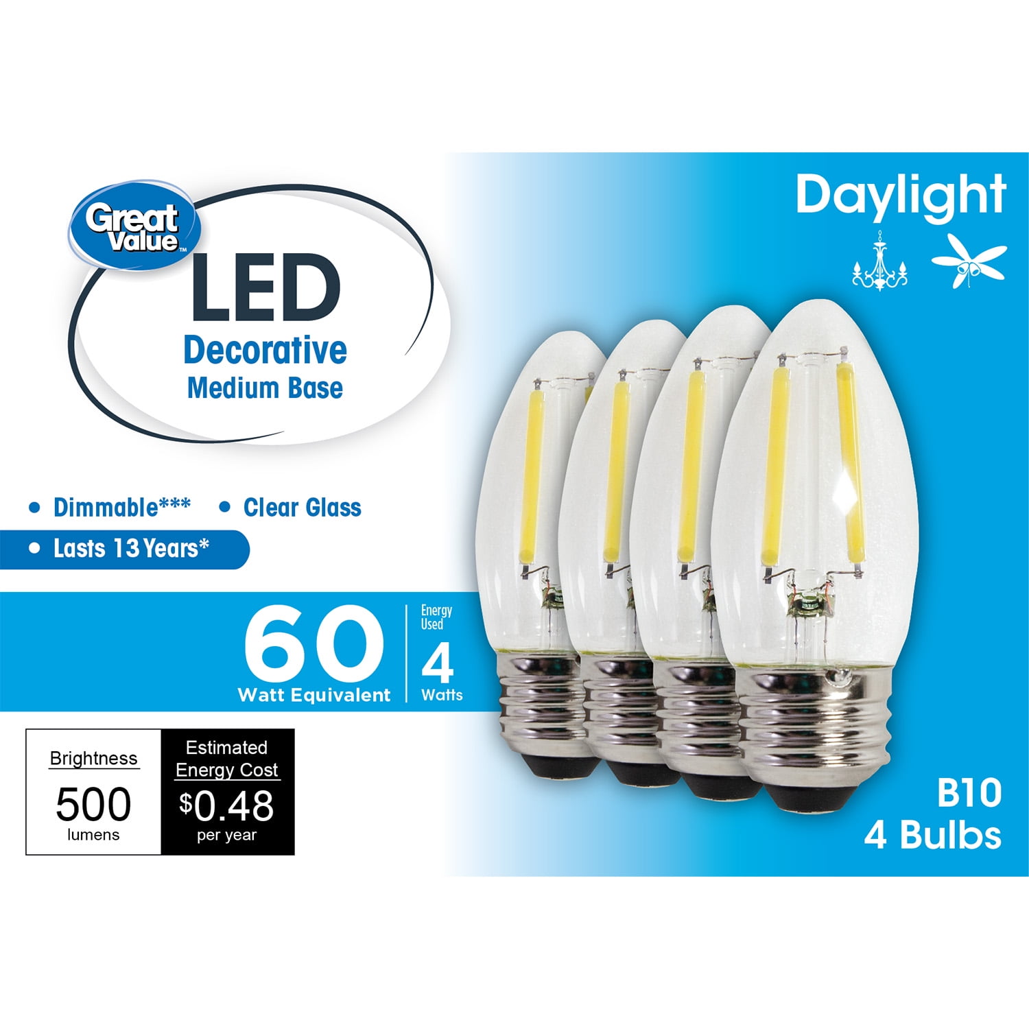 Great Value LED, 4W (60W Eqv) B10 Deco Lamp E26 Medium Base, Dimmable, Daylight, 4pk