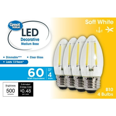 Great Value LED, 4W (60W Eqv) B10 Deco Lamp E26 Medium Base, Dimmable, Soft White, 4pk