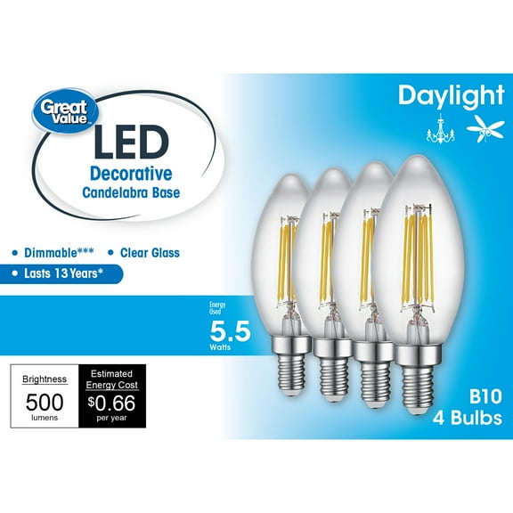 Great Value LED, 5.5Watts (60W Equivalent) B10 Deco Lamp E12 Candelabra Base, Dimmable, Daylight, 4-Pack