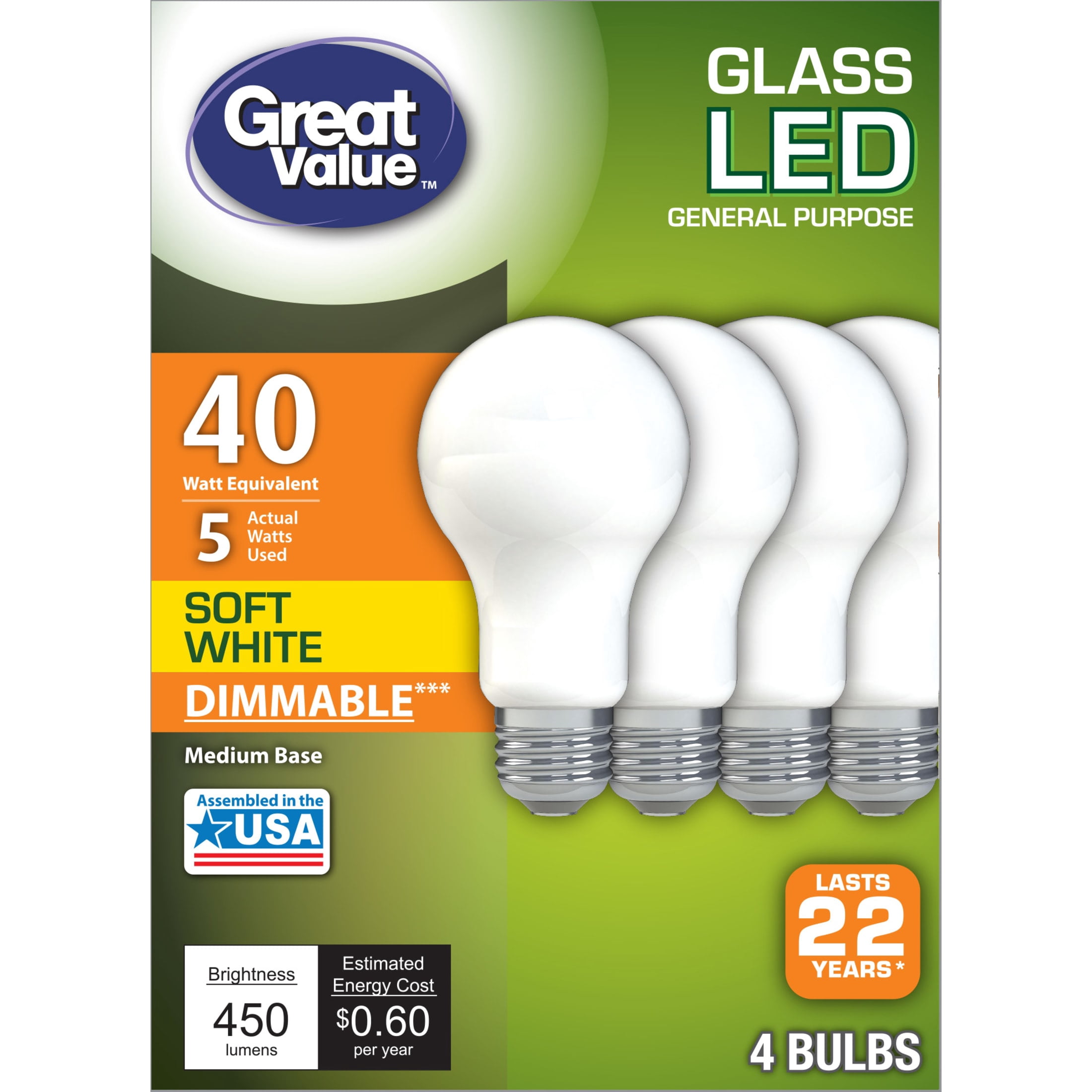 Great Value LED 5-Watt (40W Equivalent) Soft White General Purpose A19 Light Bulbs, 4pk