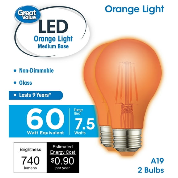 Great Value LED, 7.5Watts (60W Equivalent) A19 Lamp E26 Medium Base, Non-Dimmable, Orange, 2-Pack
