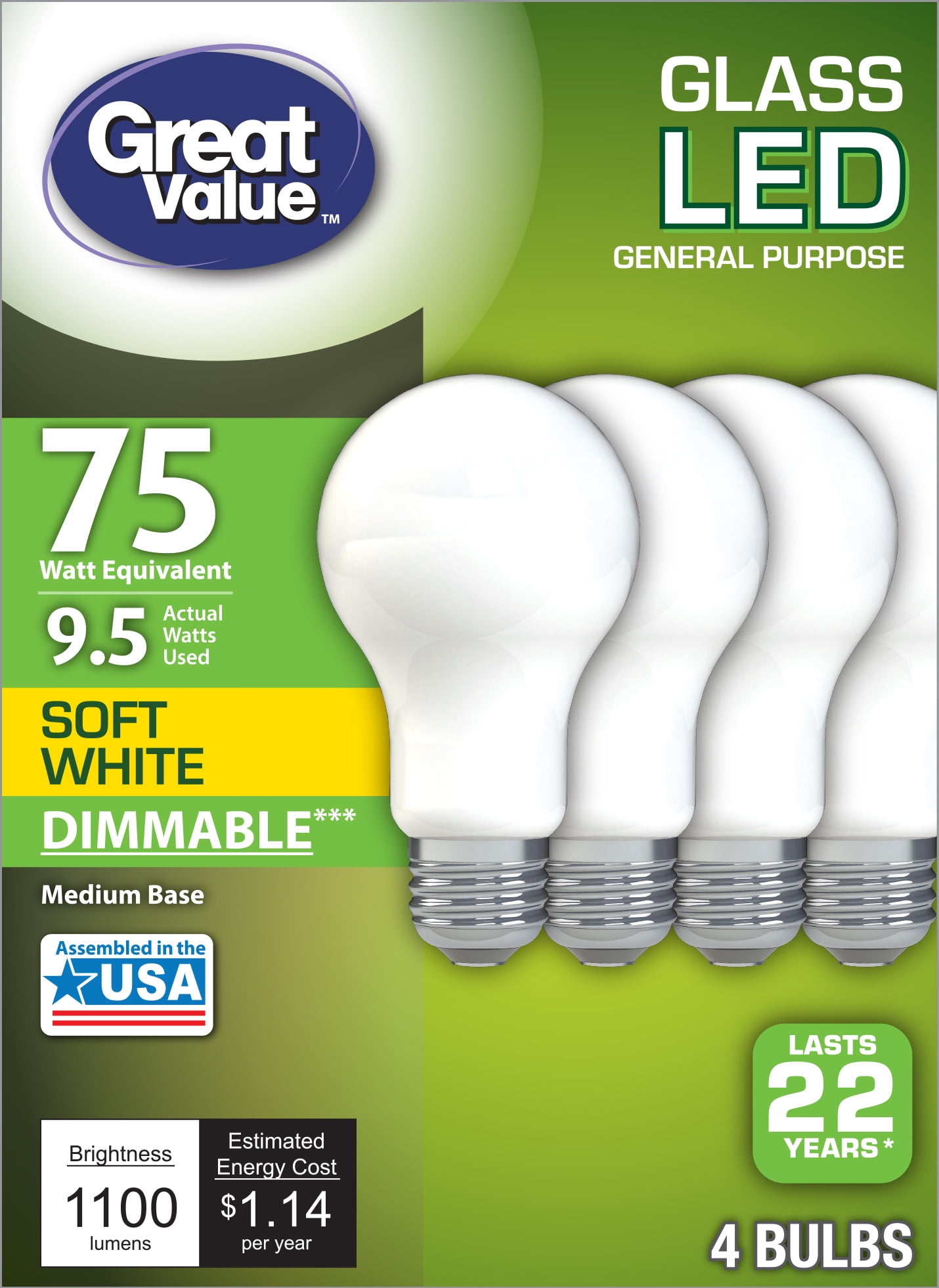 Great Value LED 9.5-Watt (75W Equivalent) Soft White Frosted Light Bulbs, Medium Base, Dimmable, 4pk