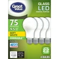 thumbnail image 1 of Great Value LED 9.5-Watt (75W Equivalent) Soft White Frosted Light Bulbs, Medium Base, Dimmable, 4pk, 1 of 9