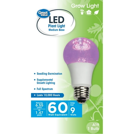 Great Value LED, 9 Watts (60W Equivalent) A19 Grow Light E26 Medium Base, Non-Dimmable, Plant, 1-Pack