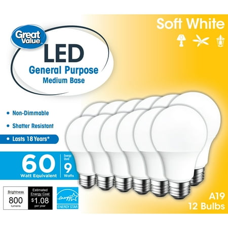 Great Value LED, 9W (60W Equivalent) 18Y, A19 General Purpose E26 Medium Base, Non-Dimmable, Soft White, 12-Pack