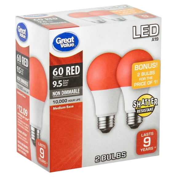 Great Value LED A19 Red 9.5 Watts Medium Base Bulbs, 2 count