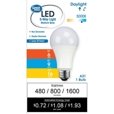 Great Value LED A21 Light Bulb, 16W (100W Equivalent) 3way Lamp E26 Medium Base, Non-Dimmable, Daylight, 1 Pack