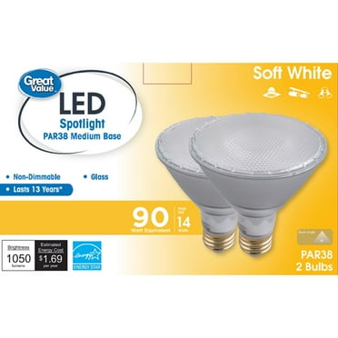 Great Value LED Bulb, 14W/90W Eqv PAR38 Floodlight Bulb,E26 Base, Soft White, Energy Star Rated, 2PK